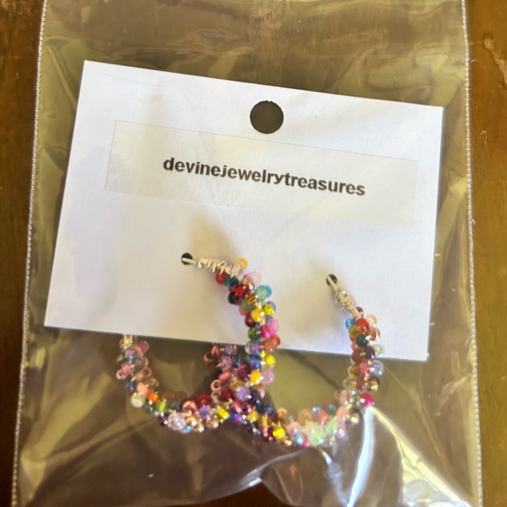 Hand-beaded Rainbow earrings, stainless steel hoops with glass beads